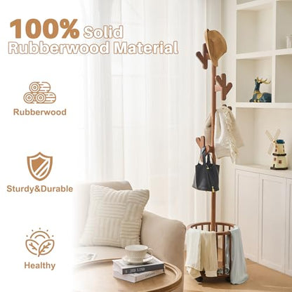 Uniclinens Solid Wood Coat Rack Freestanding with Umbrella Holder, Tree Coat Rack Stand with Lockable Universal Casters & 12 Hooks for Entryway Bedroom, Walnut - color: Walnut, size: Coat Tree