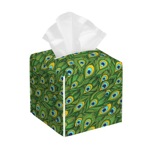 Leather Tissue Box Holder Peacock Feather Tissue Box Cover Facial Paper Case Organizer Cube Napkin Dispenser for Bathroom Vanity Countertop Night Stand Office Car - color: Peacock Feather