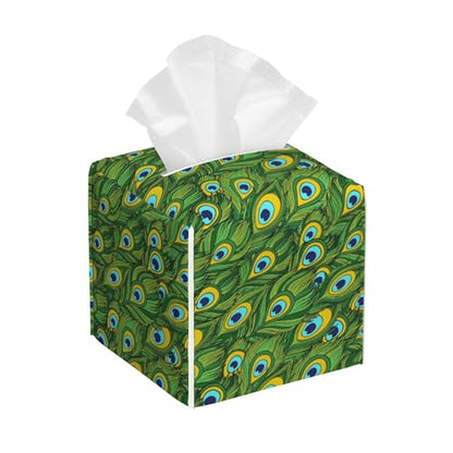 Leather Tissue Box Holder Peacock Feather Tissue Box Cover Facial Paper Case Organizer Cube Napkin Dispenser for Bathroom Vanity Countertop Night Stand Office Car - color: Peacock Feather
