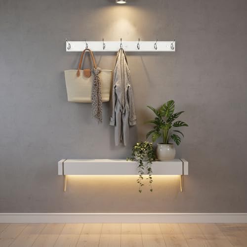 Wooden Wall Mounted Coat Rack – 35 Inch, White with 7 Silver Hooks for Entryway, Hallway, Bedroom - size: Long-35.4in(90cm),7 Silver Hooks, style: Modern