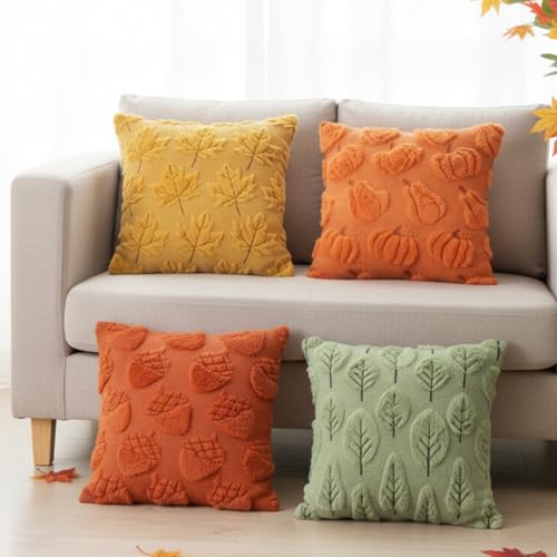 Tiamon 4 Pcs Fall Throw Pillow Covers 18 x 18 Inch Autumn Pillow Cases 3D Embroidered Pumpkin Leaf Plush Fluffy Faux Fur Cushion Covers for Thanksgiving Harvest Decoration Farmhouse Home Sofa Couch - style: Fall A
