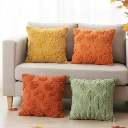 Tiamon 4 Pcs Fall Throw Pillow Covers 18 x 18 Inch Autumn Pillow Cases 3D Embroidered Pumpkin Leaf Plush Fluffy Faux Fur Cushion Covers for Thanksgiving Harvest Decoration Farmhouse Home Sofa Couch - style: Fall A