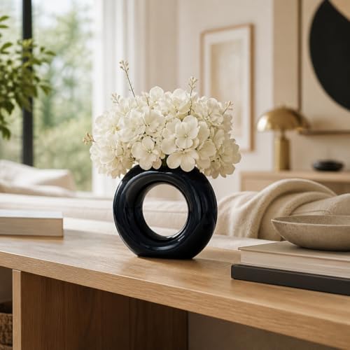 Ceramic Vase – Flower Holder for Shelf Or Table Decor – Living Room Or Bedroom Accent – Donut Style Modern Vase Home Decor with Sculptural Silhouette – 5", Blue - color: Blue
