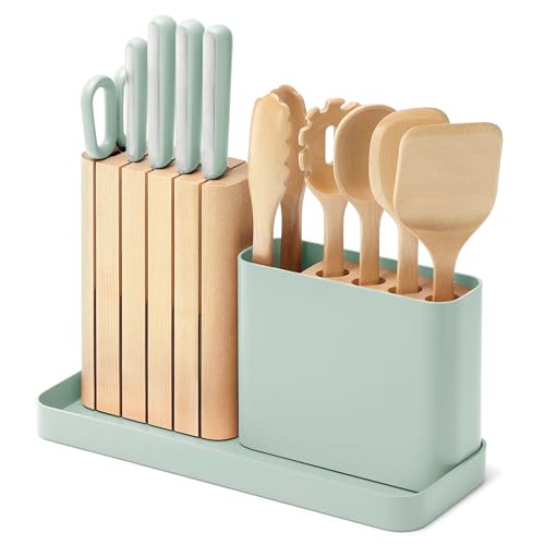 Caraway 14-Piece Kitchen Prep Tool Set with Knives & Utensils | Knife Set & Wooden Utensil Set, Made with Premium German Steel Blades & FSC-Certified Birch Wood, Non-Toxic Materials, Mist - color: Mist