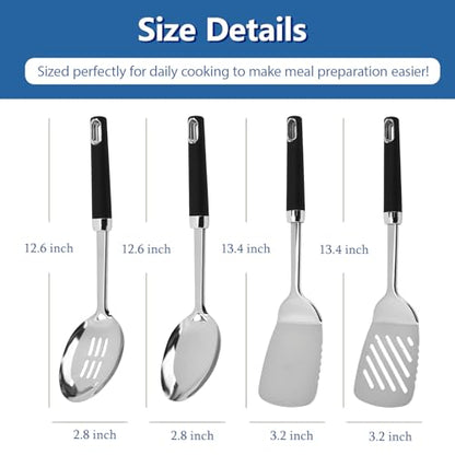 4PCS Stainless Steel Cooking Spatula Spoon Set, Metal Cooking Utensils Set with Anti-Scald Handle, Heat Resistant Kitchen Utensils Set with Turners, Serving Spoon, Ladle, Skimmer, Pasta Server