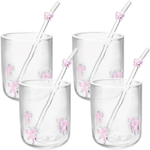4 Set 14 oz Pink Bow Icon Glass Cup with Glass Straws 3D Aesthetic Cup Old Fashioned Icon Handblown Cup for Cold Drink Juice Office Women Friend Party Gifts Mom Daughter, Not Suitable for Hot Drinks