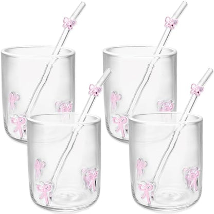 4 Set 14 oz Pink Bow Icon Glass Cup with Glass Straws 3D Aesthetic Cup Old Fashioned Icon Handblown Cup for Cold Drink Juice Office Women Friend Party Gifts Mom Daughter, Not Suitable for Hot Drinks