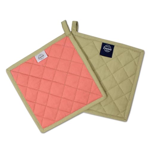 Encasa XO Pot Holders, Quilted Kitchen Hot Pads 8"x8" Sage & Coral | 100% Heavyweight Cotton | Quilted Insulation | Multipurpose Trivets & Hot Pads | Hanging Loop | Set of 2 - color: Sage & Coral