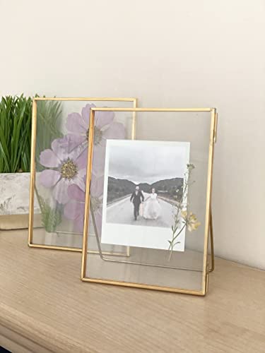 Beedecor Double Glass Frame for Pressed Flowers, Leaf and Artwork Set of 3 Pressed Flower Frames with Stand - 6x6, 5x7 and 6x8 Gold Standing Square Metal Picture Frames, Tabletop Clear Floating Pressed Glass Frame, Home Decor Photo Display (Gold, Set of 3