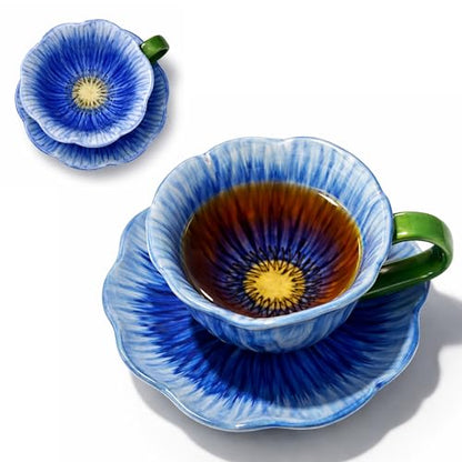 10 oz Tea Cups and Saucers, Hand-Painted Ceramic Flower-Shaped Coffee Cup | Saucer Set, Microwave & Dishwasher Safe, Elegant Floral Cup Set Gift for Women - color: Blue