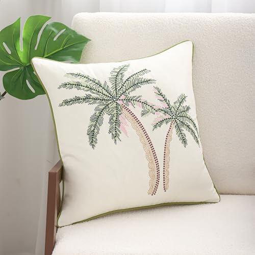 Embroidered Throw Pillow Covers 18x18 Pack of 2 Green and Pink | Coconut Trees,Durable Fabric,Square Pillow Cover,Boho Decorative,Hidden Zipper,Aesthetic Design,Ideal Gift,Machine Washable - color: Green Pink Coconut Trees