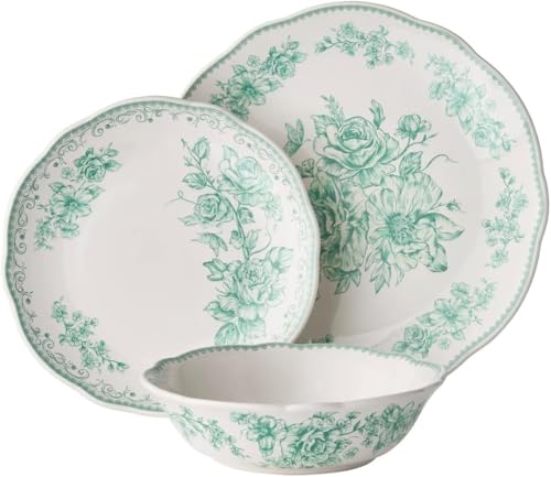 Agatha 12-Piece Stoneware Dinnerware Set, Service for 4, Vintage Floral Plates and Bowls for Kitchen and Dining-(Green)