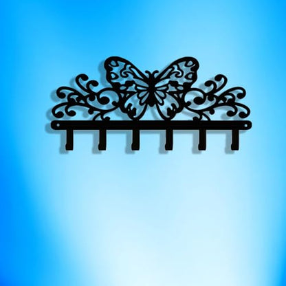 Butterfly 6‑Hook Black Metal Wall Rack, Entryway Organizer for Keys Coats Hats Towels Decor