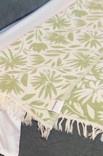 Flower Organic Cotton Turkish Throw Blanket, Muslin - Olive | Thin, Soft, Lightweight, Breathable Gauze Weave, Green and White Reversible Floral Print, for Sofa, Chair, Couch, 65" x 65" - color: Olive Whimsy