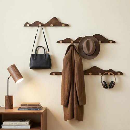Starry Wood Coat Hooks Wall Mount Wooden Modern Decorative Wall Mount Coat Rack with 8 Gold Brass Hooks Heavy Duty Mounted Entryway Coat Rack for Hanging Coats Keys Hats Towels Bags Purse Walnut - size: 8 Hooks
