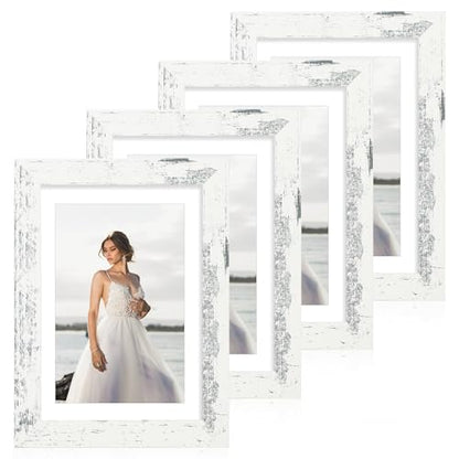 iRahmen 7x10 Picture Frame with Mat 5.5x8.5 - High Definition Real Glass Wooden Photo Frames for Tabletop Display and Wall Mounting (Distressed White, Set of 4) - color: Distressed White, size: 7X10