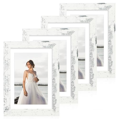 iRahmen 7x10 Picture Frame with Mat 5.5x8.5 - High Definition Real Glass Wooden Photo Frames for Tabletop Display and Wall Mounting (Distressed White, Set of 4) - color: Distressed White, size: 7X10