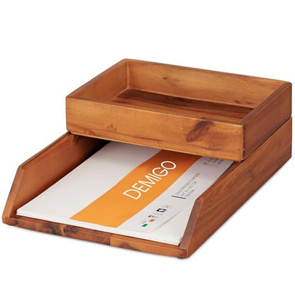 DEMIGO Desk Organizer Letter Tray Set of 2, Natural Acacia Wood Paper Tray | Wooden Tabletop Holder for Files, Folders, Notebooks & Documents, Workspace Stationery Storage Saver
