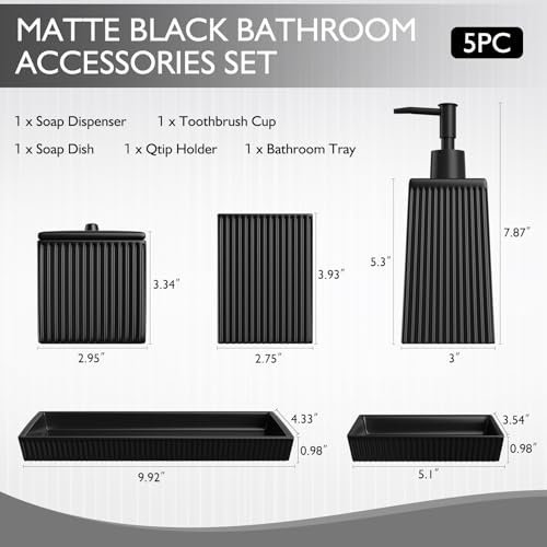 XLHOMO Bathroom Set - Black Bathroom Accessories Set, 5PCS Ceramic Bathroom Accessory Set, Bathroom Sets with Soap Dispenser, Toothbrush Tumbler, Soap Dish, Q-tip Holder & Vanity Tray
