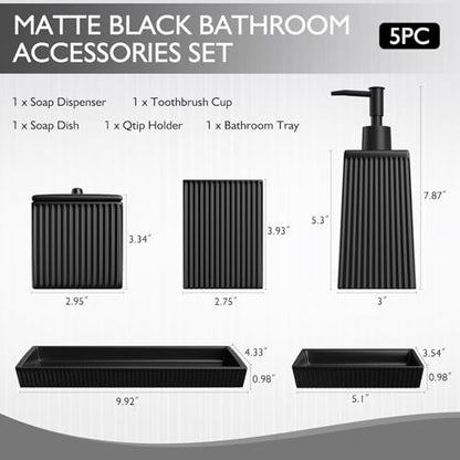 XLHOMO Bathroom Set - Black Bathroom Accessories Set, 5PCS Ceramic Bathroom Accessory Set, Bathroom Sets with Soap Dispenser, Toothbrush Tumbler, Soap Dish, Q-tip Holder & Vanity Tray