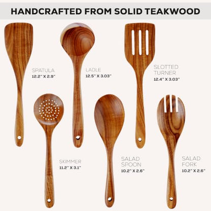 Zulay Kitchen Extra-Large 6-Piece Wooden Spoon Set - Smooth Teak Cooking Utensils - Comfort-Grip Non-Stick Turner, Spatula, Skimmer, Fork, Serving Spoon - size: 6 Piece | Large