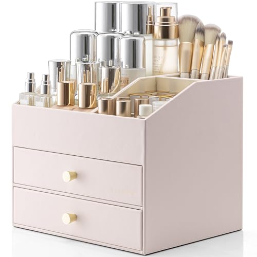 VLANDO 3-Layer Makeup Organizer with 2 Drawers for Vanity,Apricot White | PU Leather Perfume Organizer with Removable Lipstick Holder,Lotions,Brushes Storage,Home Decor,Gifts Ideas - color: Apricot White, size: 3 Layer
