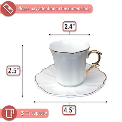 BTaT- Porcelain Espresso Cups Set, 3 oz, 6 Set, Small Coffee Mugs | Elegant White Cups Saucers Gold Trim Espresso Set Greek Arabic Turkish Coffee Gift Use - color: White, size: Set of 6