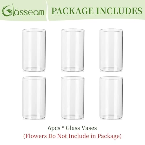 Glasseam Cylinder Vases for Centerpieces, 6Pcs Clear Glass Vase for Flowers | Hurricane Pillar, Floating Candle Holder, Modern, Small Home Decorations, Table Centerpieces, Wedding, Party, 6In - size: 6In