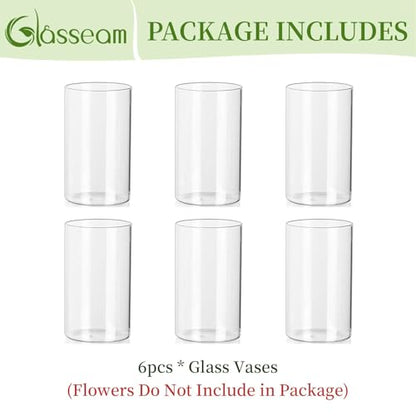 Glasseam Cylinder Vases for Centerpieces, 6Pcs Clear Glass Vase for Flowers | Hurricane Pillar, Floating Candle Holder, Modern, Small Home Decorations, Table Centerpieces, Wedding, Party, 6In - size: 6In