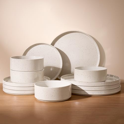 Famiware Nebula 12-Piece Stoneware Dinnerware Set, Creamy White | Plates and Bowls with Reactive Glaze and Colorful Speckles, Chip & Scratch Resistant, Microwave & Dishwasher Safe - color: Creamy White with Colorful Speckles, size: Service for 4 (Standard