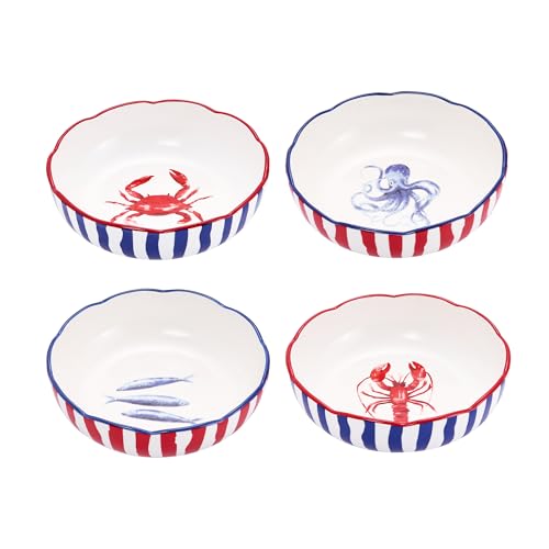 Bico Ocean Wonders Scalloped Pasta Bowls, 36oz Salad Bowl Set of 4, Large Ceramic Serving Dinner Bowls for Soup and Cereal, Microwave and Dishwasher Safe, Gift for Housewarming and Holiday - color: Ocean Creatures