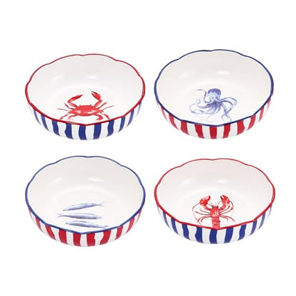 Bico Ocean Wonders Scalloped Pasta Bowls, 36oz Salad Bowl Set of 4, Large Ceramic Serving Dinner Bowls for Soup and Cereal, Microwave and Dishwasher Safe, Gift for Housewarming and Holiday - color: Ocean Creatures