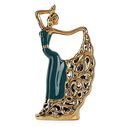 DOVDOV Ceramic Peacock Dancer Statue, Green and Gold Home Decor, Ballerina Sculpture, Peacock Home Decor for Room Corner Shelf Bathroom Shelf Corner Shelf TV Cabinet Corner Counter Top Decoration - color: Grün Gold