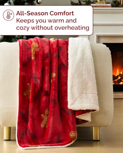 Christmas Sherpa Blanket Throw, Reversible Blanket - Gingerbread Man, 50x60 | Super Soft Double Sided Throw for Bed, Sofa, Couch, Reversible Sherpa Fleece Blanket, Thick, Warm, Plush, Xmas Winter Bedding - color: 03- Gingerbread Man