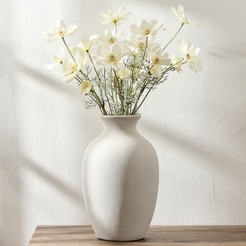 Large Ceramic Rustic Flower Vase, 10.43 Inch Tall Vintage Pottery Home Decor, Antique Farmhouse Terracotta Vase for Living Room, Shelf, Table, Mantel Decoration, Farmhouse - Off-White - color: Off-white- 10.43"