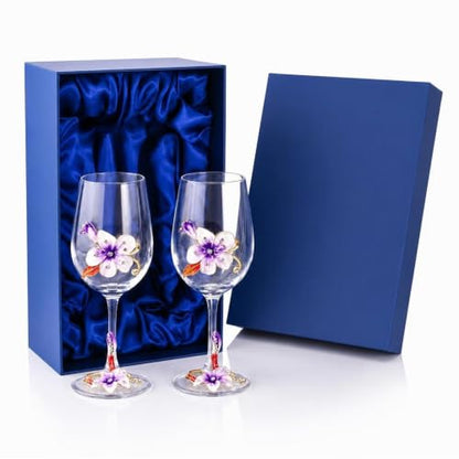 Comeon Flower Wine Glasses Hand Painted Wine Glasses Purple 2 Set (Purple) | Handmade Enamels Purple Floral Design, Gift Box, Long Stem Crystal Red Wine Glasses, Transparent Glass - color: Purple/ 2 set (gift box)
