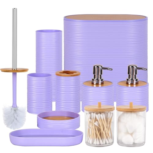 10 PCS Purple Bathroom Accessories Set with Trash Can Bathroom Accessory | All-in-One Kit with Trash Can,Toothbrush Holder,Soap Dispenser,Toothbrush Cup,Vanity Tray,Soap Dish,Toilet Brush etc for Home - color: Purple