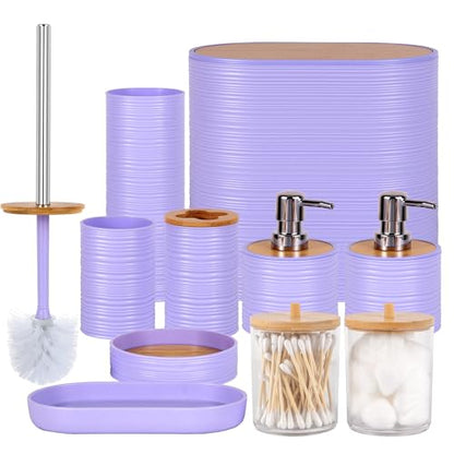 10 PCS Purple Bathroom Accessories Set with Trash Can Bathroom Accessory | All-in-One Kit with Trash Can,Toothbrush Holder,Soap Dispenser,Toothbrush Cup,Vanity Tray,Soap Dish,Toilet Brush etc for Home - color: Purple