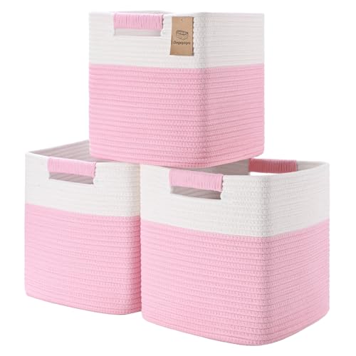 13 Inch Storage Cubes, 3 Pack Cube Storage Bins for Organizing, Cotton Rope Woven Baskets for Shelves, Bathroom, Kids Room, Closets, Baby Nursery - color: Pink & White, size: 13"×13"×13" - 3Pcs