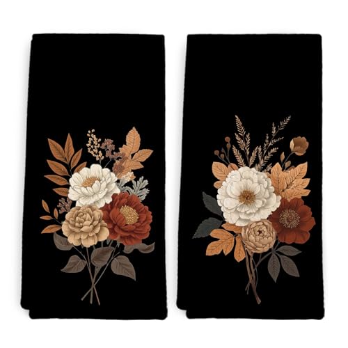 Vintage Black Floral Kitchen Towel and Dish Towel Set of 2, Farmhouse Rustic Flower Decor Hand Towels, Dark Cottage Core Decorative Hand Dish Tea Towels for Bathroom Kitchen, 16x24 Inch - color: Black Floral