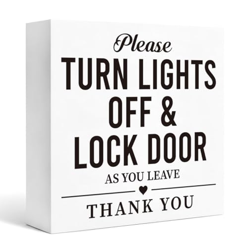 Home Safety Reminder Sign White Wood Box Plaque, Turn Lights Off and Lock Door as You Leave Farmhouse Tabletop Shelf Accent for Entryway Office 5x5 Inches - color: Homre Sign 26