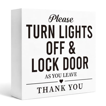 Home Safety Reminder Sign White Wood Box Plaque, Turn Lights Off and Lock Door as You Leave Farmhouse Tabletop Shelf Accent for Entryway Office 5x5 Inches - color: Homre Sign 26