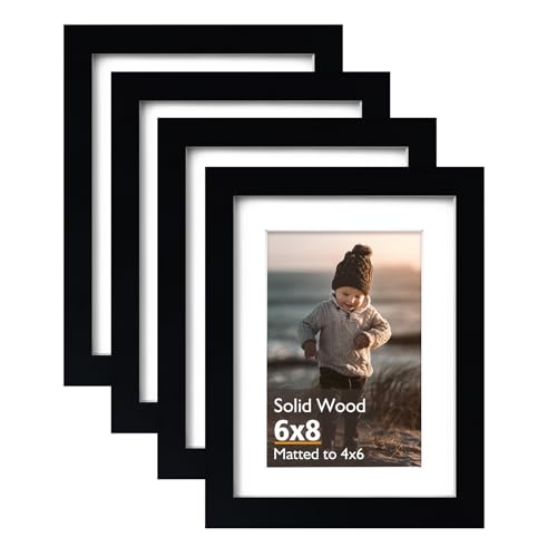 6x8 Picture Frame Black, Solid Wood Frames with Acrylic Plexiglass for Pictures 4x6 with Mat or 6x8 without Mat, Tabletop and Wall Display Photo Frame, Set of 4 - color: Black, size: 6x8