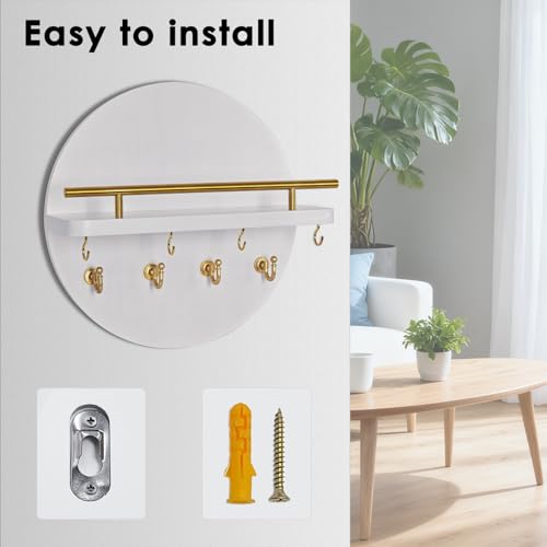 Key Holder Wall Mount with Shelf and Hooks, 11.8 Inch Entryway Gold Key Holder for Wall Decor (White&Gold)