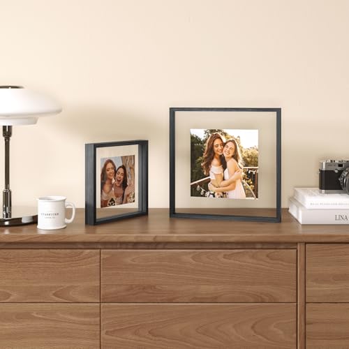 Egofine 8x8 Floating Frames Set of 2, Double Plexiglass Picture Frame, Made of Solid Wood Display Any Size Photo up to 8x8, Wall Mount or Tabletop Standing, Faded Black - color: Faded Black, size: 8x8