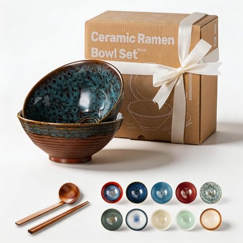 8 Inch Ceramic Ramen Bowl Set of 2, 40oz Japanese Bowls with Spoons & Chopsticks,Durable,Microwave & Dishwasher Safe,Perfect for Ramen,Pho,Salad,Soup,Noodles，Mixing bowls（Verdigris Green） - color: Verdigris Green