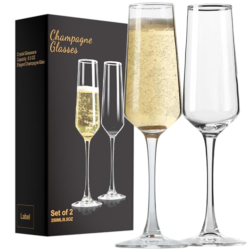 Champagne Flutes: Champagne Glasses Set of 2 for Wedding Toasts | Clear hand-blown glass pair for prosecco, weddings, anniversaries, birthdays, home bars and parties; gift-ready packaging