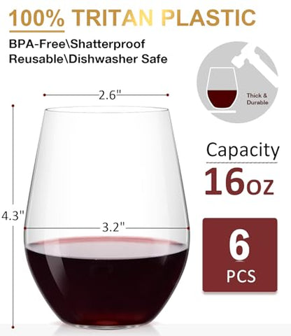 OJA Unbreakable Tritan Plastic Stemless Wine Glasses,16 oz,Set of 6,Outdoor | Shatterproof Wine Glass, Clear, BPA-free, Reusable, Dishwasher-Safe, Drinking Glassware for Poolside, Camping, Party
