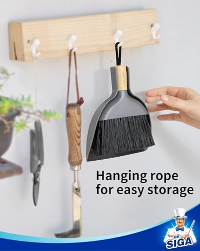 MR.SIGA Mini Dustpan and Brush Set, Bamboo Handle, Gray, 1 Set | Portable cleaning brush and dustpan combo, handheld brush and dustpan combo with hanging loop - color: Gray