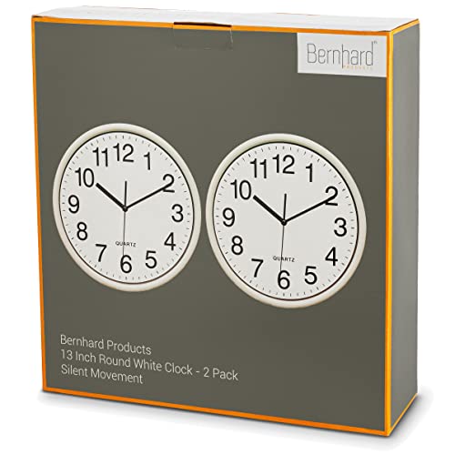 Bernhard Products White Wall Clocks Large 13 Inch, Silent Non Ticking 2 Pack, Quality Quartz Battery Operated Round Easy to Read Home/Office/Business/Classroom/School Clock, Black - color: White, size: 13 Inch - 2 Clocks